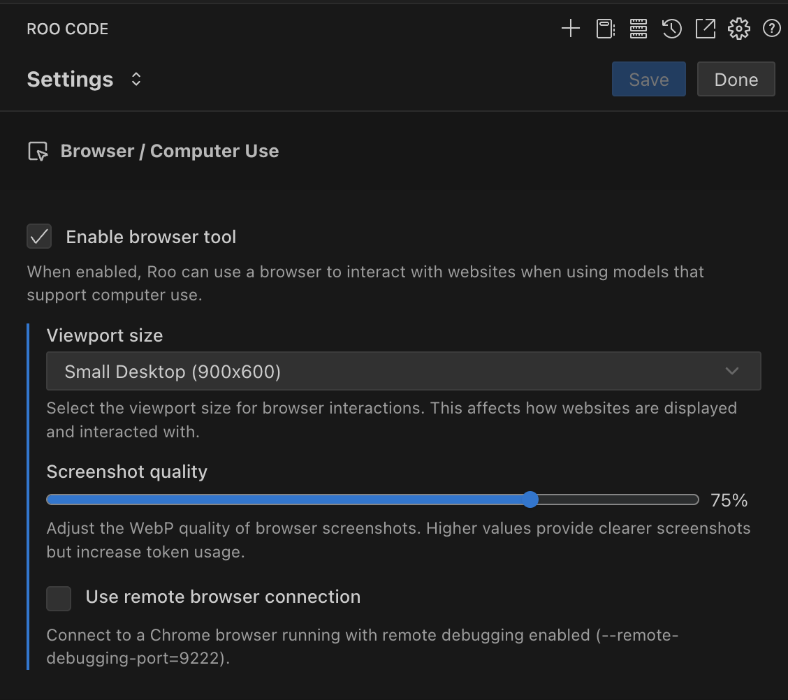 Browser settings menu