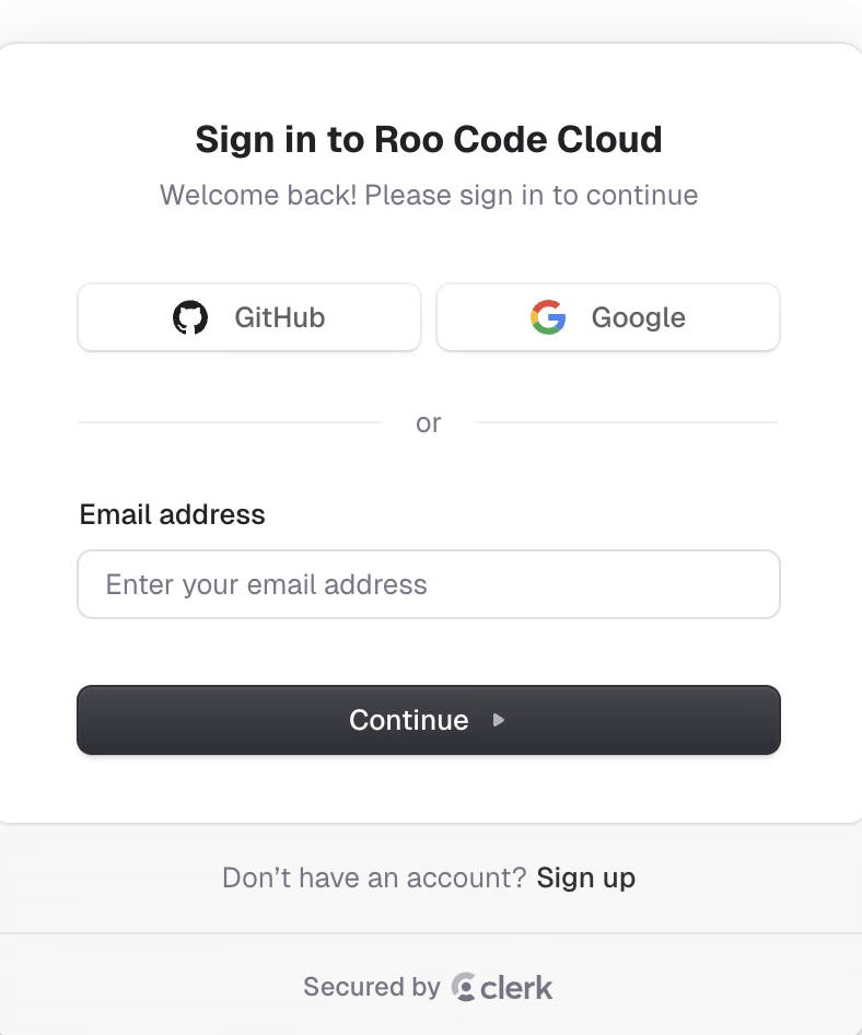 Roo Code Cloud sign in page